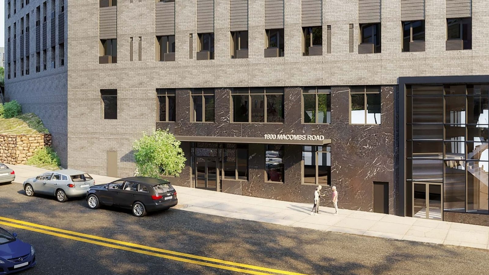 Rendering of the lower floors of a grey brick apartment building with a dark stone base, metal lettering reading 1600 MACOMBS ROAD above a canopy over glass doors, a glazed stair tower at the right, two people on the sidewalk, parked cars on a sloping street and a stone retaining wall at the left