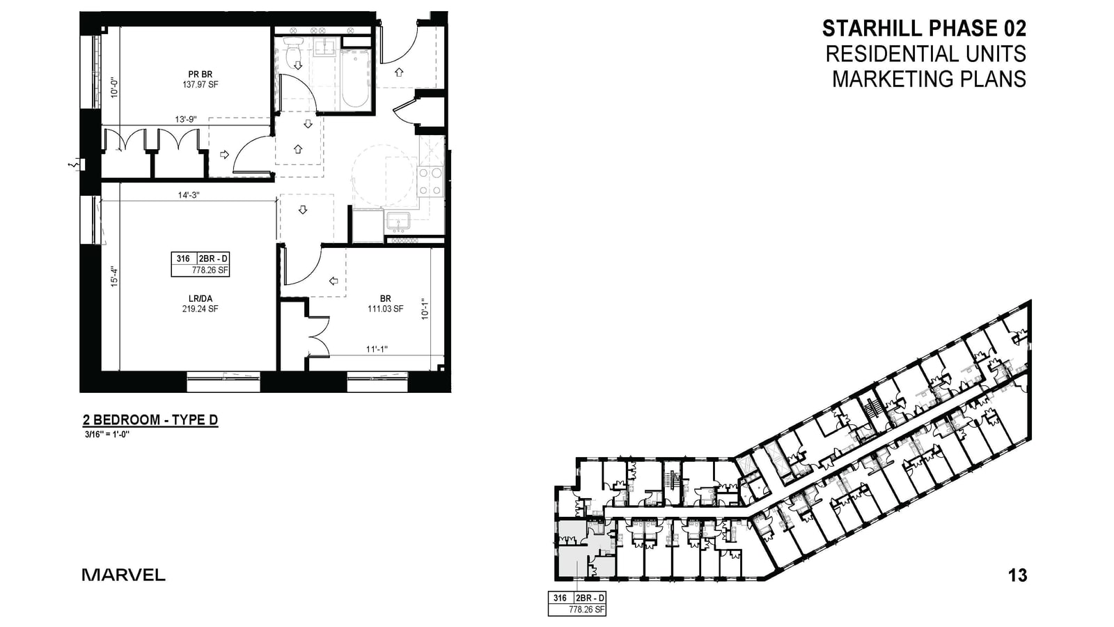 Architect's floor plan of a two-bedroom apartment labelled 2 Bedroom Type D, apartment 316, 778.26 SF, with a living and dining room, two bedrooms, a kitchen and one bathroom, beside a small plan of the whole floor with that apartment shaded, under the heading Starhill Phase 02 Residential Units Marketing Plans and the name Marvel