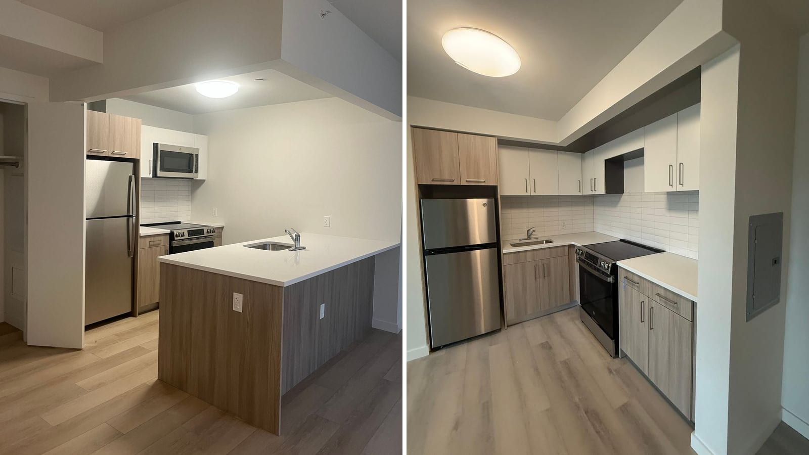 Two photographs side by side of empty apartment kitchens: at left a kitchen with a white-topped peninsula holding a sink, a stainless-steel refrigerator, a microwave over an electric range and wood-tone and white cabinets; at right an L-shaped kitchen with the same cabinets, a white tile backsplash, a refrigerator, a sink and a smooth-top electric range