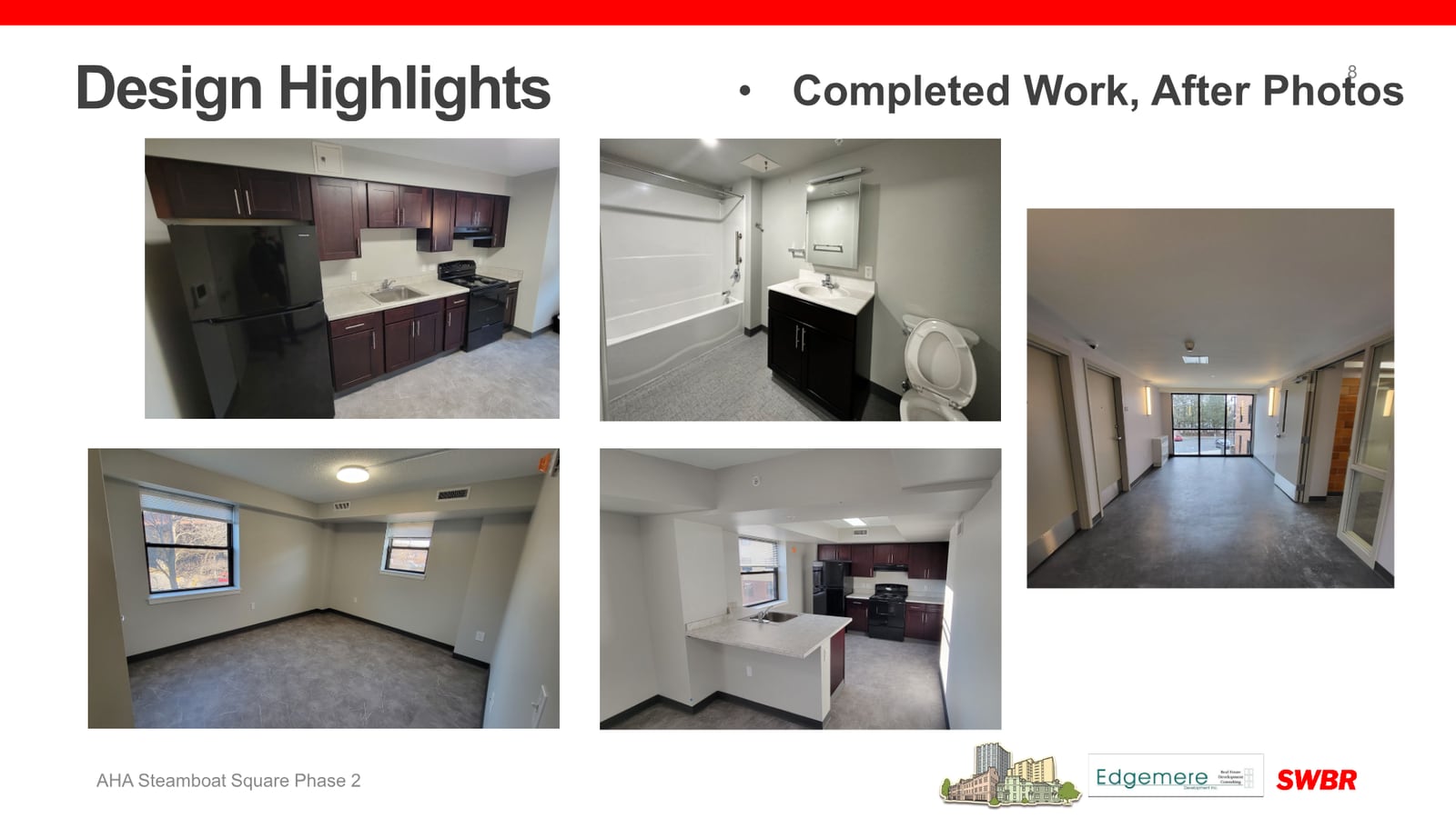 Presentation slide with five photographs of empty renovated rooms: a kitchen with dark cabinets, a bathroom with a dark vanity, and living rooms with new floors and windows
