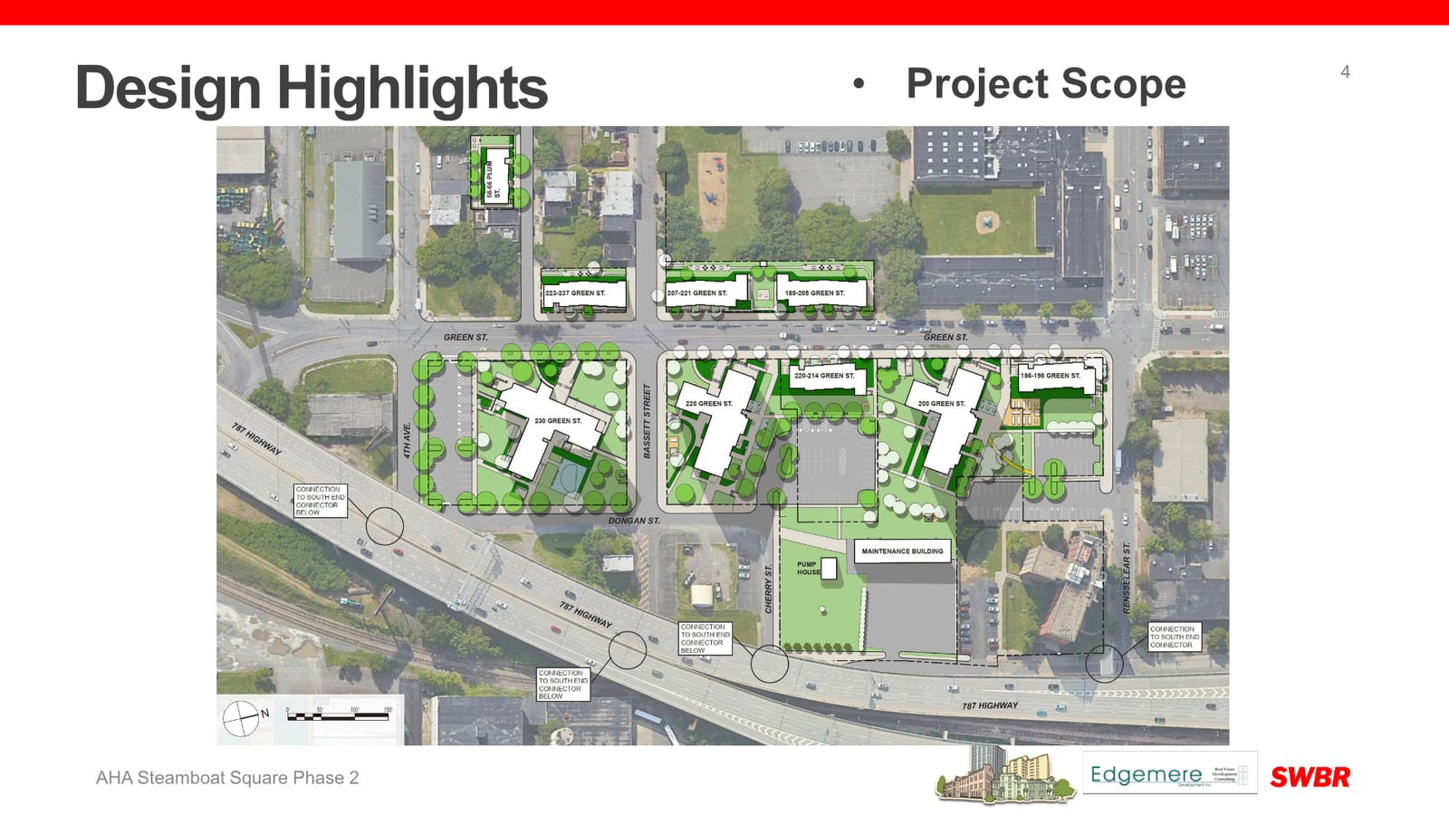 Presentation slide with an aerial plan of the Steamboat Square towers and townhomes along Green Street, with new trees drawn around the buildings