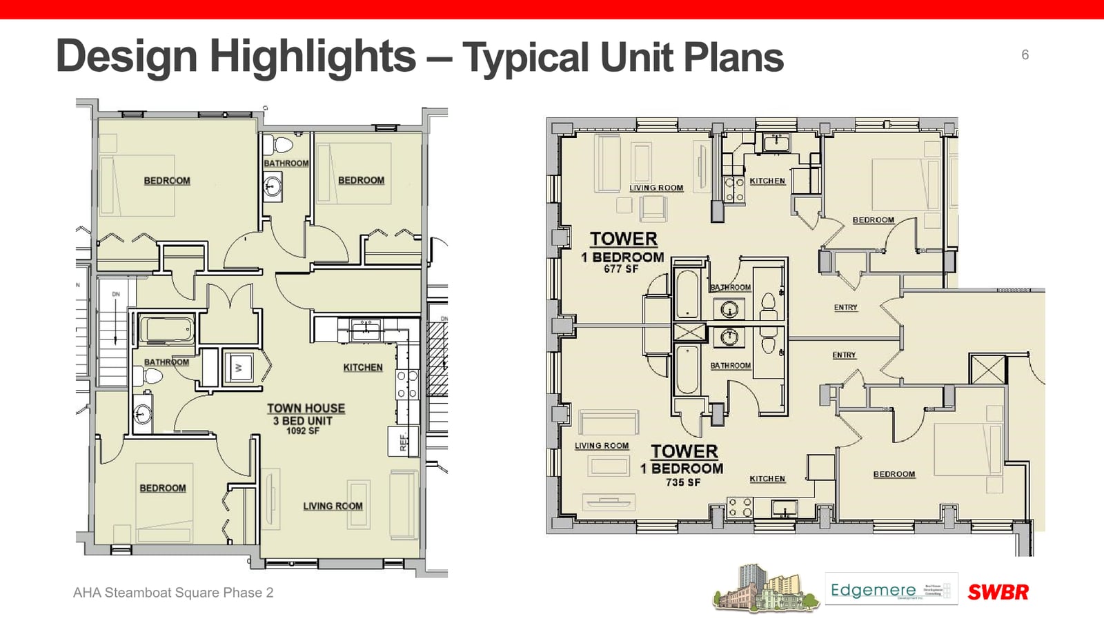 Presentation slide with floor plans of a three-bedroom townhouse of 1,092 square feet and two one-bedroom tower apartments of 677 and 735 square feet