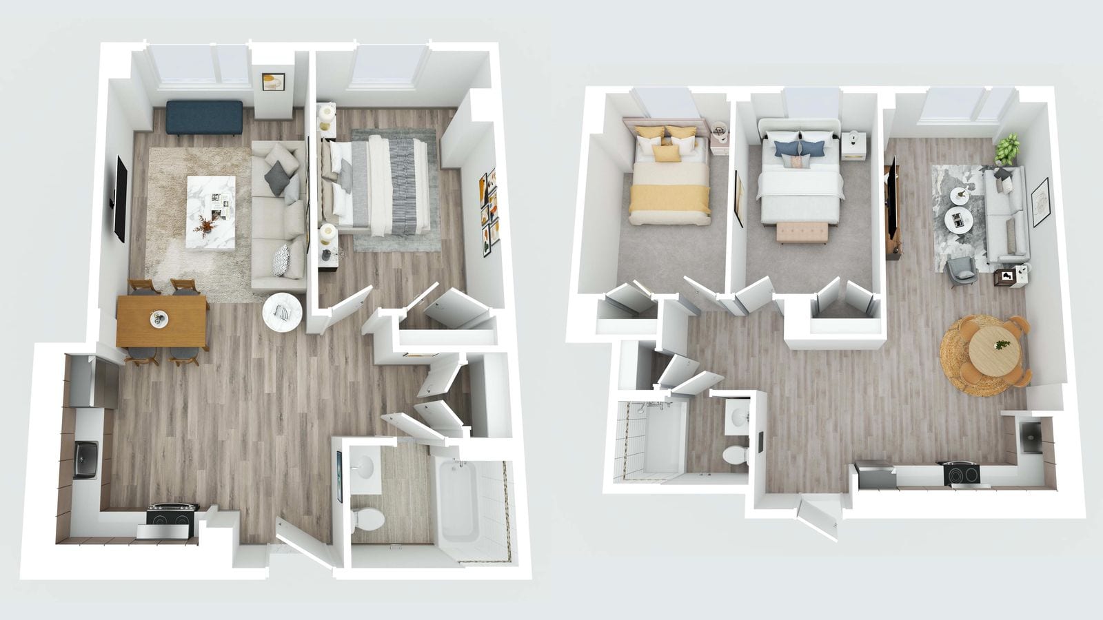 Two furnished three-dimensional floor plans seen from above on a pale grey background: at left a one-bedroom apartment with a living room, a dining table, an L-shaped kitchen, one bedroom, closets and a bathroom with a tub; at right a two-bedroom apartment with two bedrooms side by side, a living and dining area, a kitchen along one wall and a bathroom