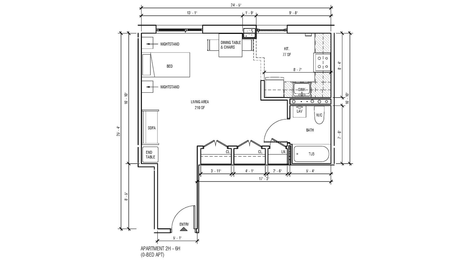 Black and white architect's floor plan of a studio apartment labelled Apartment 2H - 6H (0-bed apt), with an entry hall, a living area marked 210 SF with a bed, a sofa and a dining table drawn in, a kitchen marked 77 SF, three closets and a bathroom with a tub, and dimension lines giving an overall width of 24 feet 5 inches