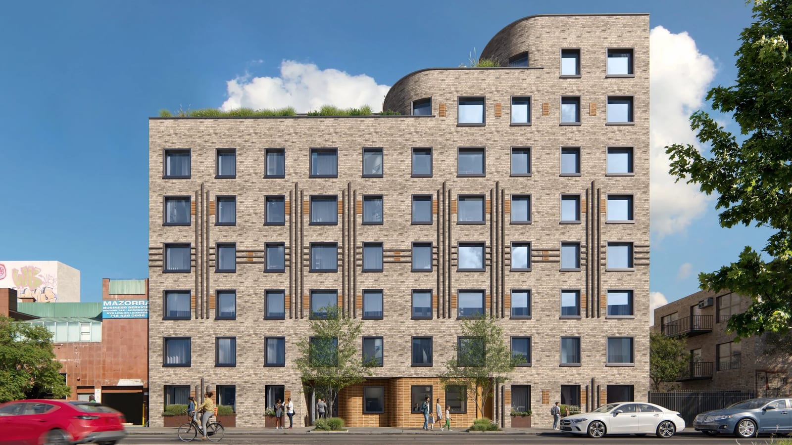 Rendering of an apartment building in pale tan brick seen straight on from across a street, with rows of dark-framed windows, vertical bands of darker brick between the middle floors, two curved setbacks with rooftop planting at the upper right, an entrance set in orange-brown brick, people on the sidewalk, a cyclist, cars passing and parked, and a lower red building with a sign at the left