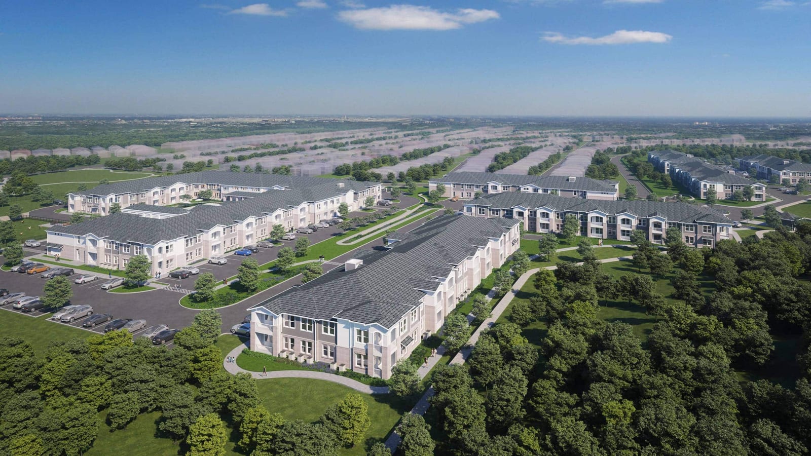 Aerial rendering of several two-story apartment buildings with grey roofs and pale walls around parking areas and lawns, with a walking path and trees in the foreground