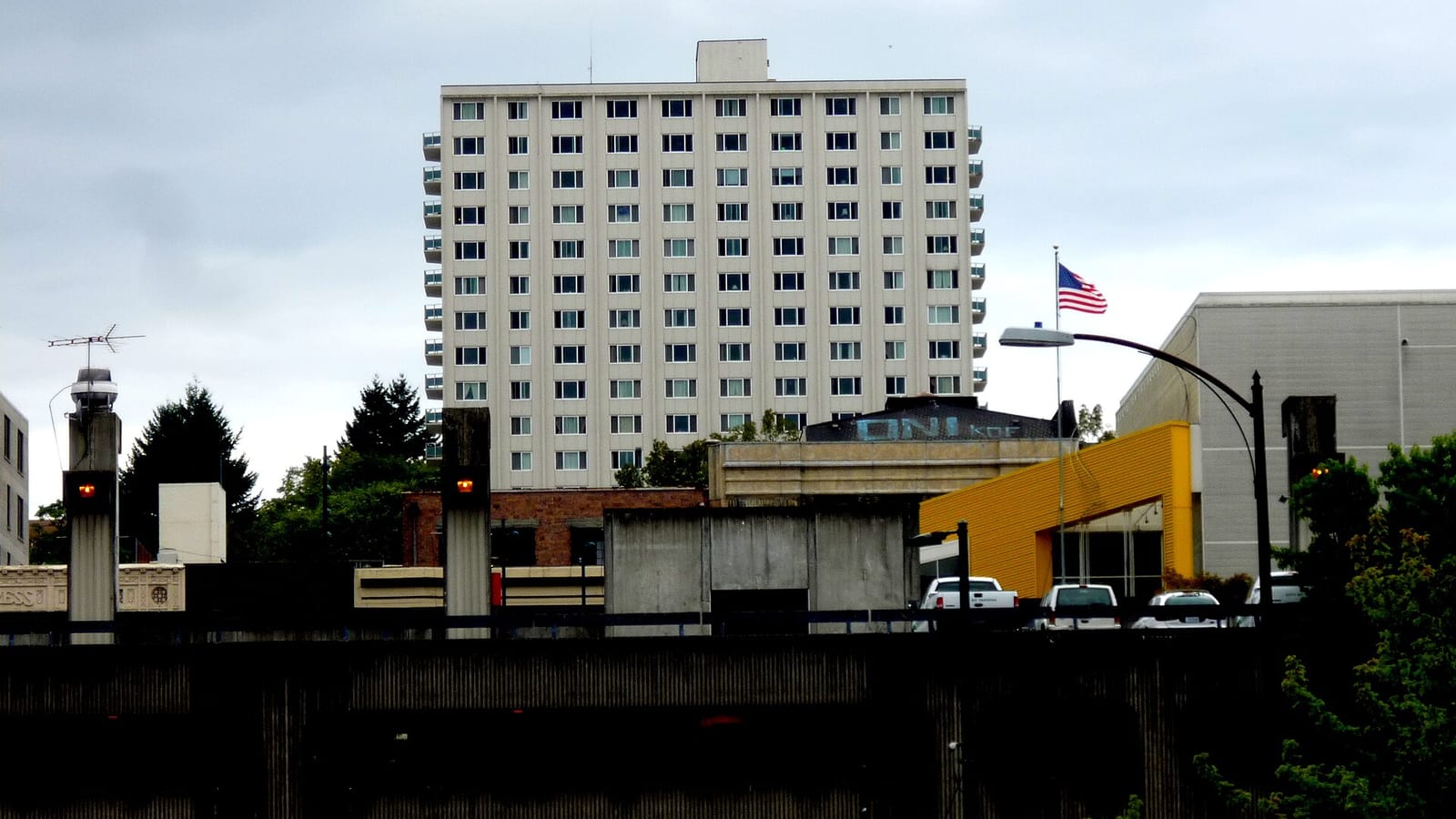 Apartment high-rise viewed across a street