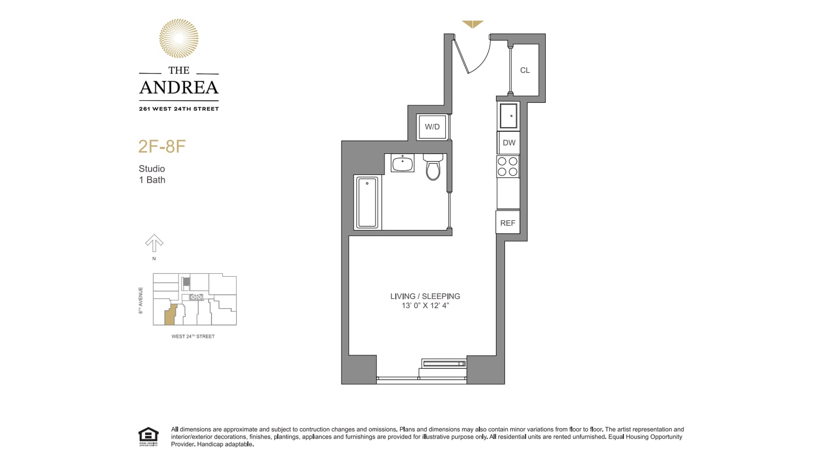 Floor plan of studio line 2F-8F at The Andrea: an entry with a closet, a washer-dryer closet, a bathroom with a tub, a galley kitchen with a dishwasher, and a living and sleeping room of 13 feet by 12 feet 4 inches; a key plan places it near 8th Avenue on the West 24th Street side