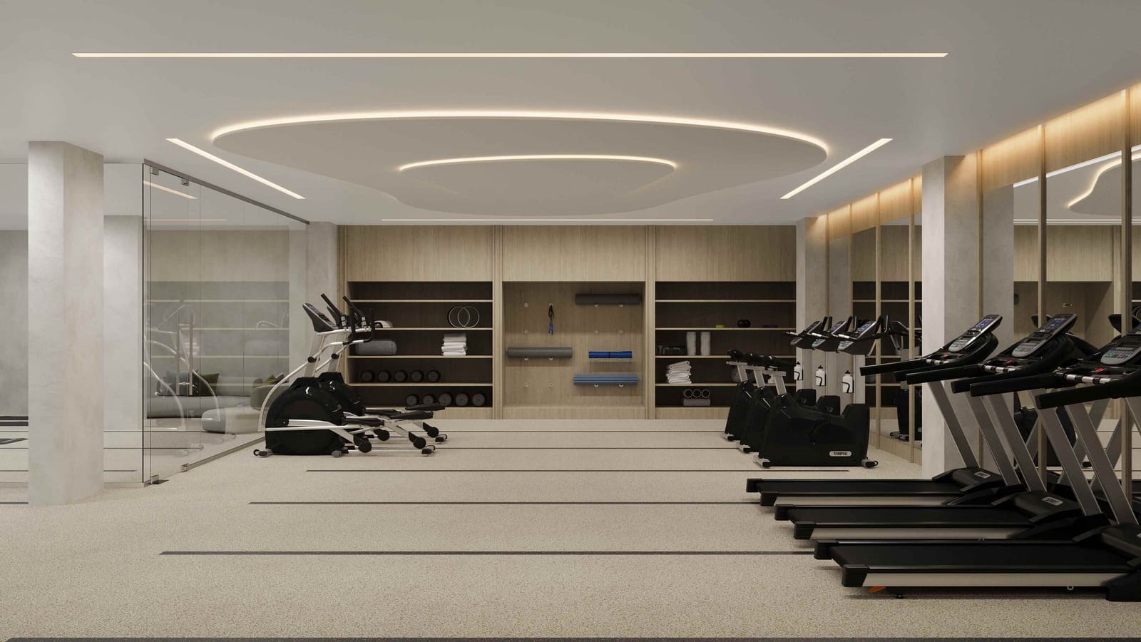 Rendering of a fitness room with treadmills, exercise bikes and wall shelving under a curved lit ceiling