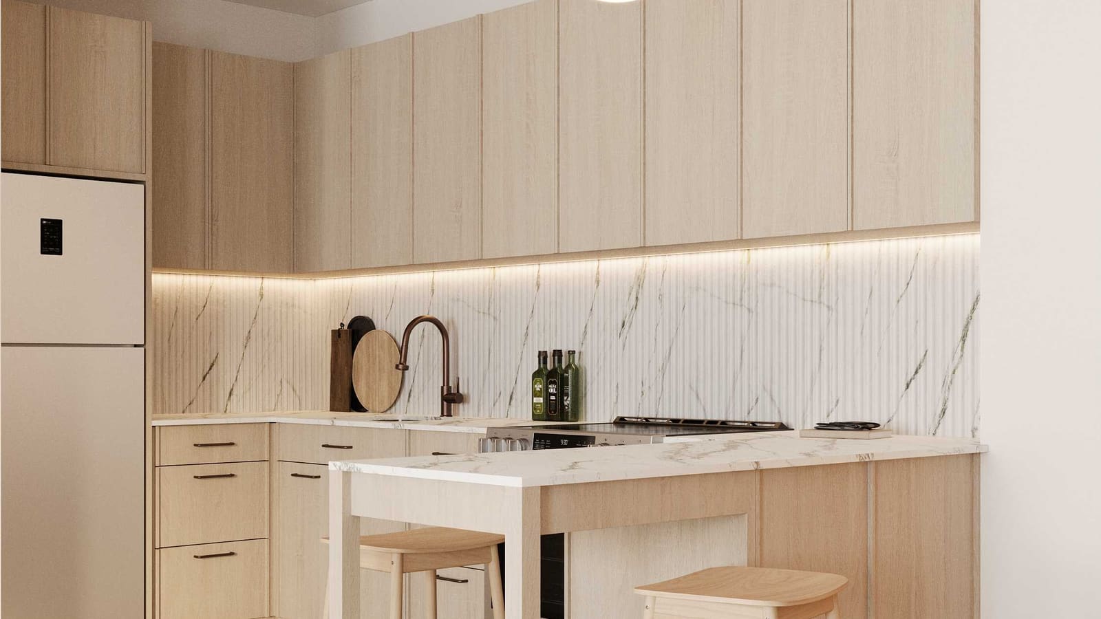 Rendering of a kitchen with pale wood cabinets, a marble-look backsplash, a paneled refrigerator and an island with two stools