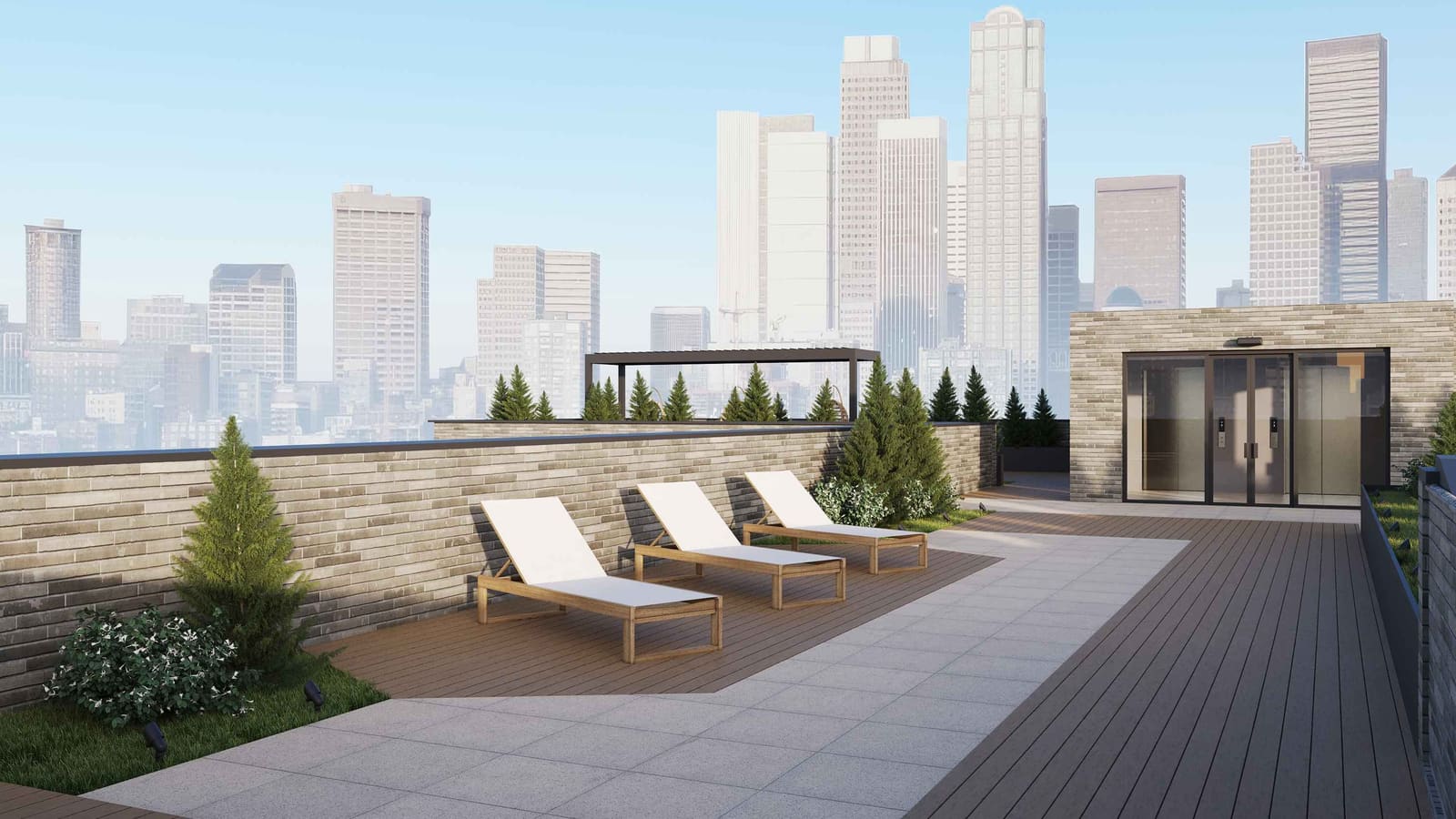 Rendering of a roof terrace with three lounge chairs, planters and a skyline of towers beyond a brick parapet