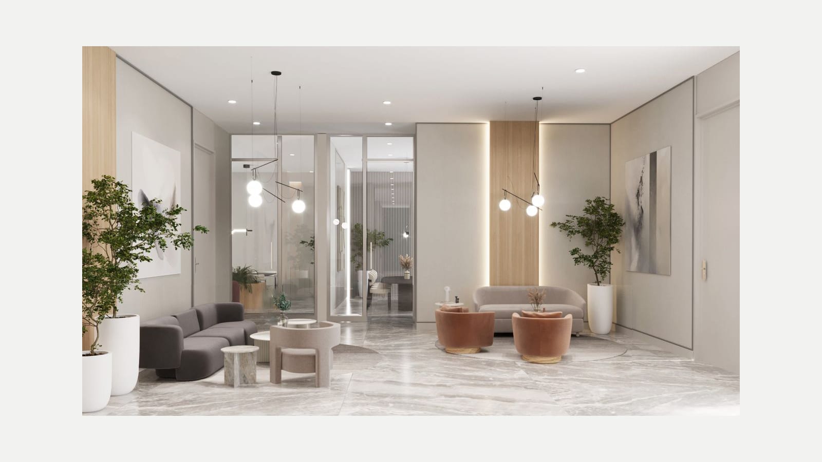 Rendering of a building lobby with a pale marble floor, a gray sofa, two rust-colored armchairs around a small table, potted trees, hanging globe lights and glass doors leading to a corridor