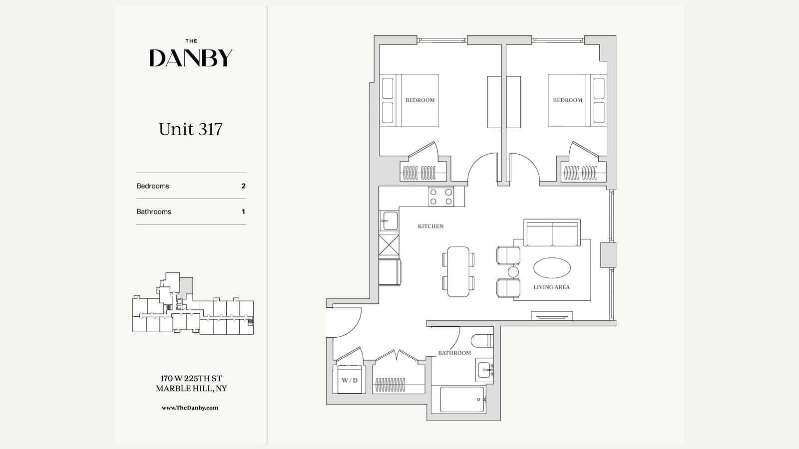 Floor plan sheet for Unit 317 at The Danby: two bedrooms side by side at the top, each with a closet, a kitchen along the left wall opening to a living and dining area, one bathroom with a tub, a washer-dryer closet and the entry at the bottom left; a key plan at left marks the unit's place on the floor