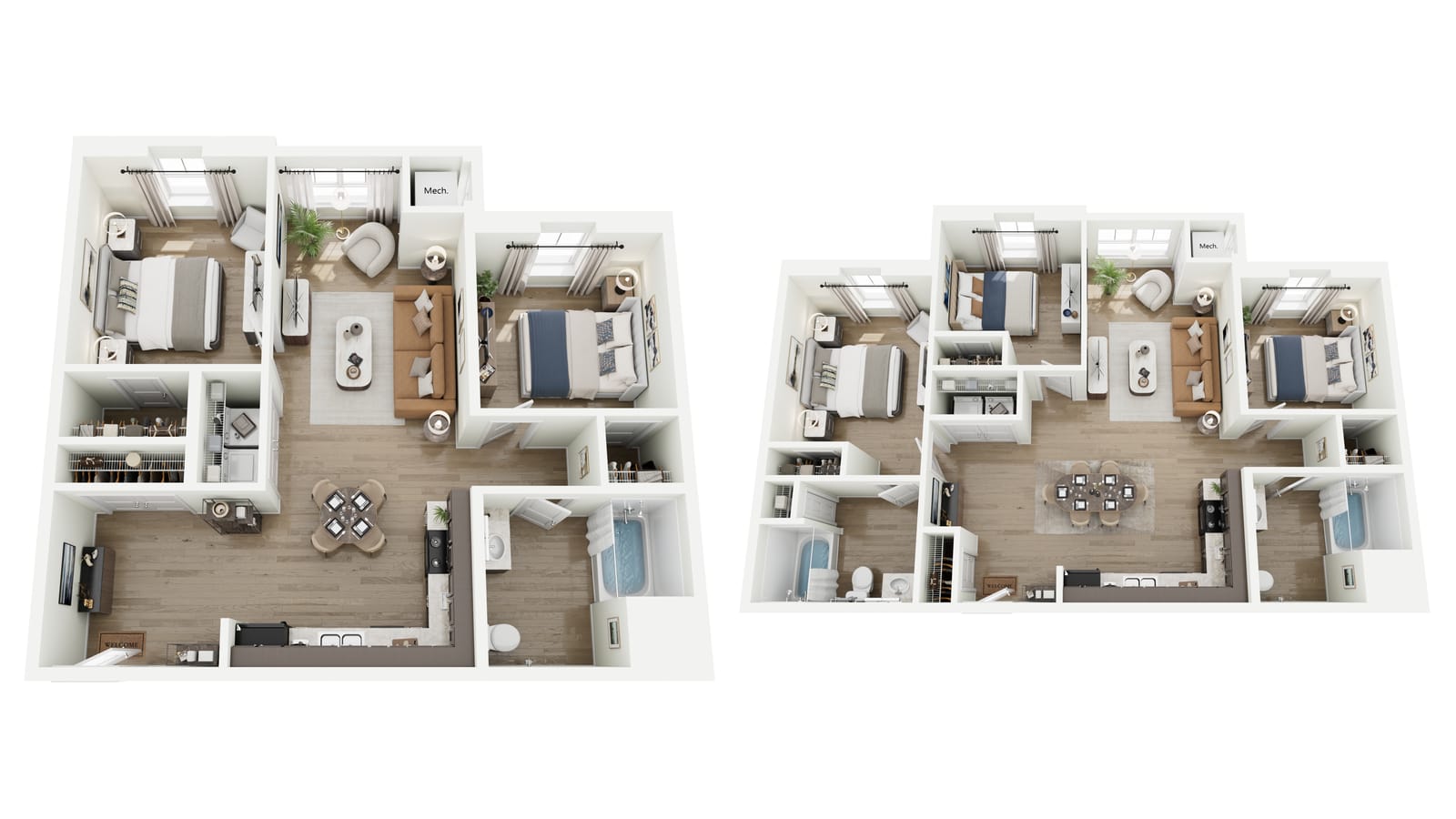Two three-dimensional floor plans side by side: a two-bedroom, one-bathroom apartment and a three-bedroom, two-bathroom apartment