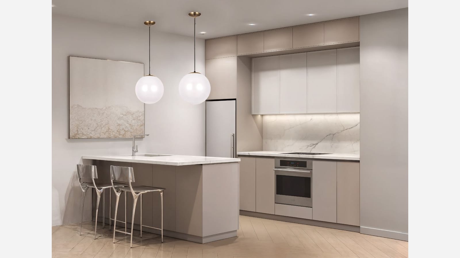 Rendering of an open kitchen with light gray flat cabinets, a white stone counter and backsplash, a flat cooktop over a stainless wall oven, a panel-front refrigerator, a peninsula with two metal stools, two globe pendant lights, a large abstract painting and a herringbone wood floor