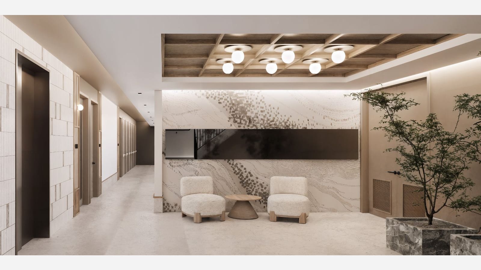 Rendering of a lobby with a pale stone floor, two cream armchairs and a round wood table before a wall mural of gray and beige marks, a coffered wood ceiling with globe lights, a planted tree in a marble planter at right, and a corridor of dark doors at left