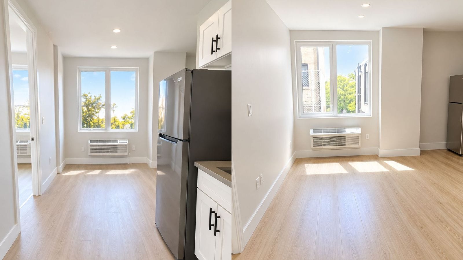 Two photographs side by side of an empty apartment with light wood-look floors: at left, a living area seen past a stainless steel refrigerator and white cabinets, with a window over an air-conditioning unit and an open door to a second room; at right, a bright room with a double window, a through-wall unit below it and a refrigerator at the far right