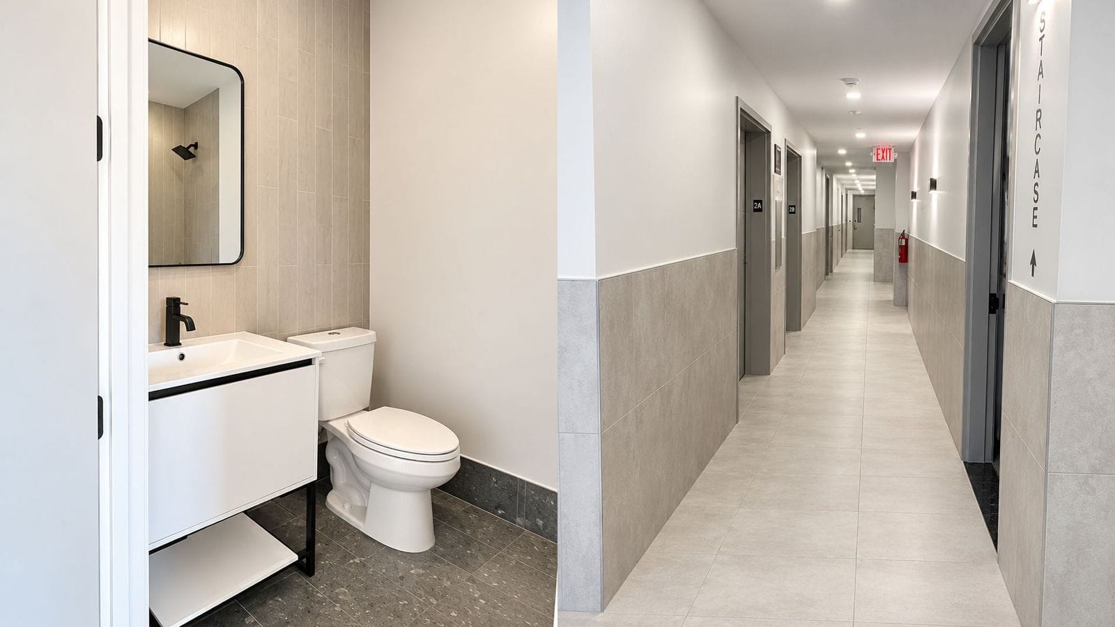 Two photographs side by side: at left, a bathroom with a white floating vanity, black faucet, black-framed mirror, beige vertical wall tile and grey speckled floor tile beside a toilet; at right, a long building corridor with grey wall tile, apartment doors marked 2A and 2B, a staircase sign and an exit sign at the end