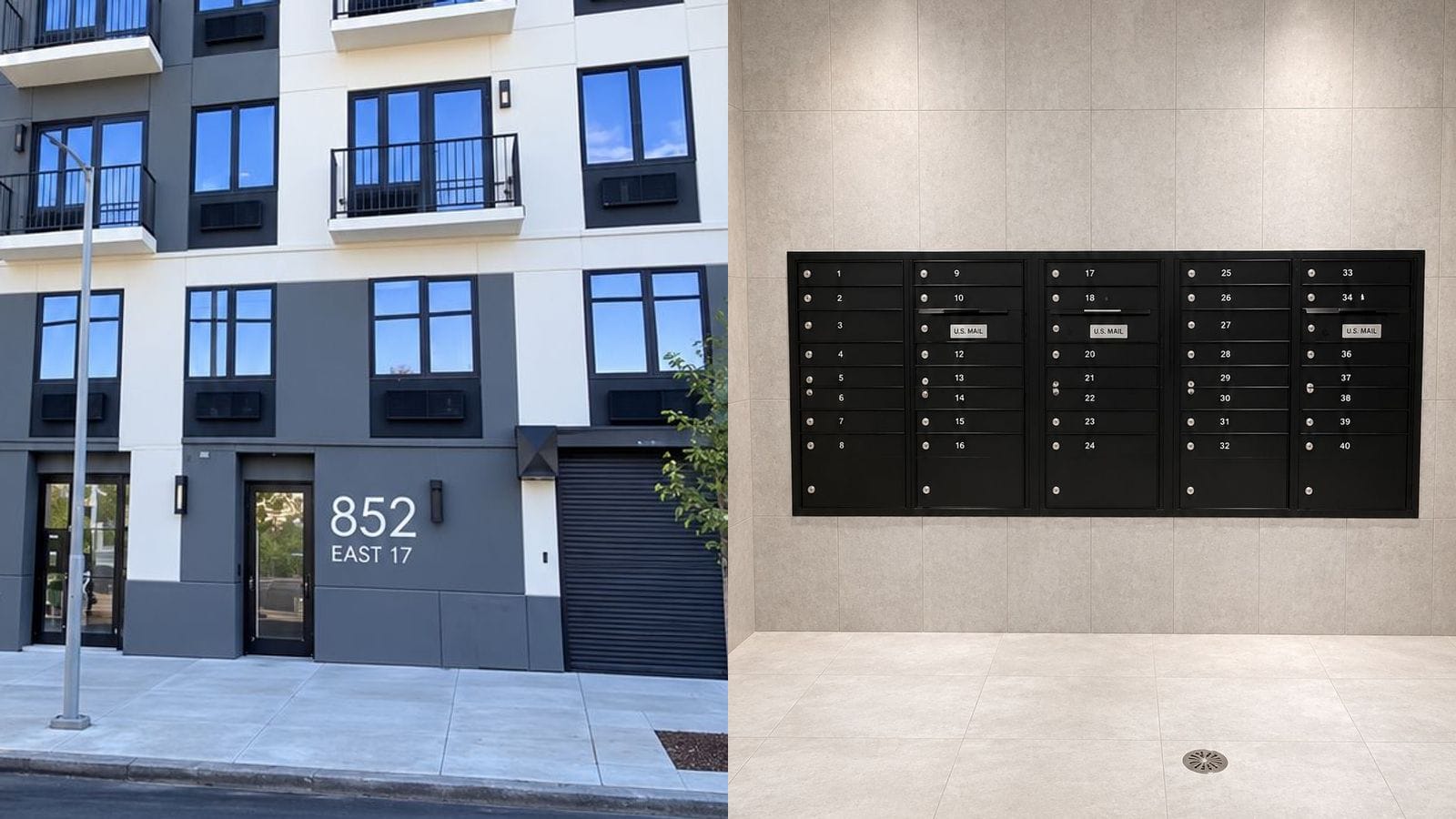 Two photographs side by side: at left, the ground floor of the building with glass entrance doors, the number 852 and the letters EAST 17 on a dark grey wall, a roll-down garage door and a streetlight on the sidewalk; at right, a wall of black mailboxes numbered 1 to 40 in a pale grey tiled lobby