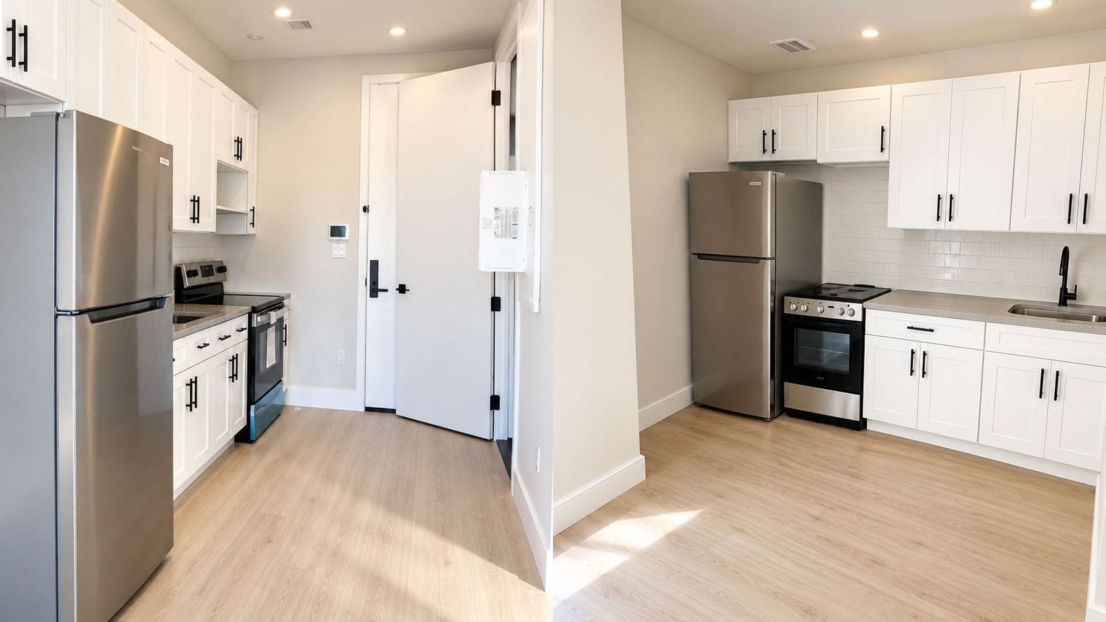 Two photographs side by side of kitchens with white shaker cabinets, black handles, grey counters, stainless steel refrigerators and ranges, and wood-look floors; the left one is a galley along one wall facing the apartment door, the right one has a white tile backsplash and a black faucet