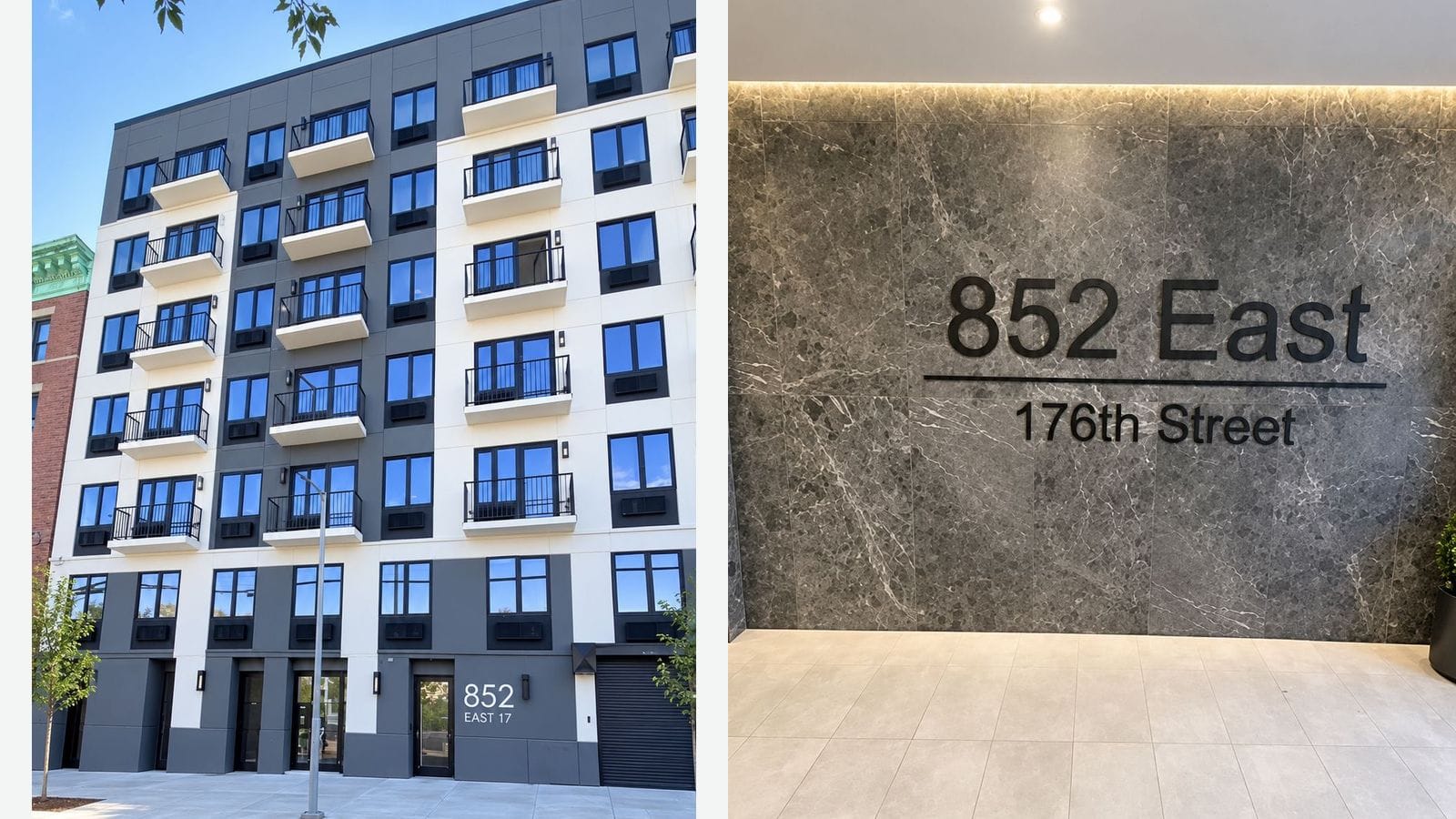 Two photographs side by side: at left, a new seven-story apartment building with a white and dark grey facade, small balconies with black railings, ground-floor glass doors and a roll-down garage door, young street trees and a wide new sidewalk; at right, a grey stone lobby wall with black lettering reading 852 East 176th Street
