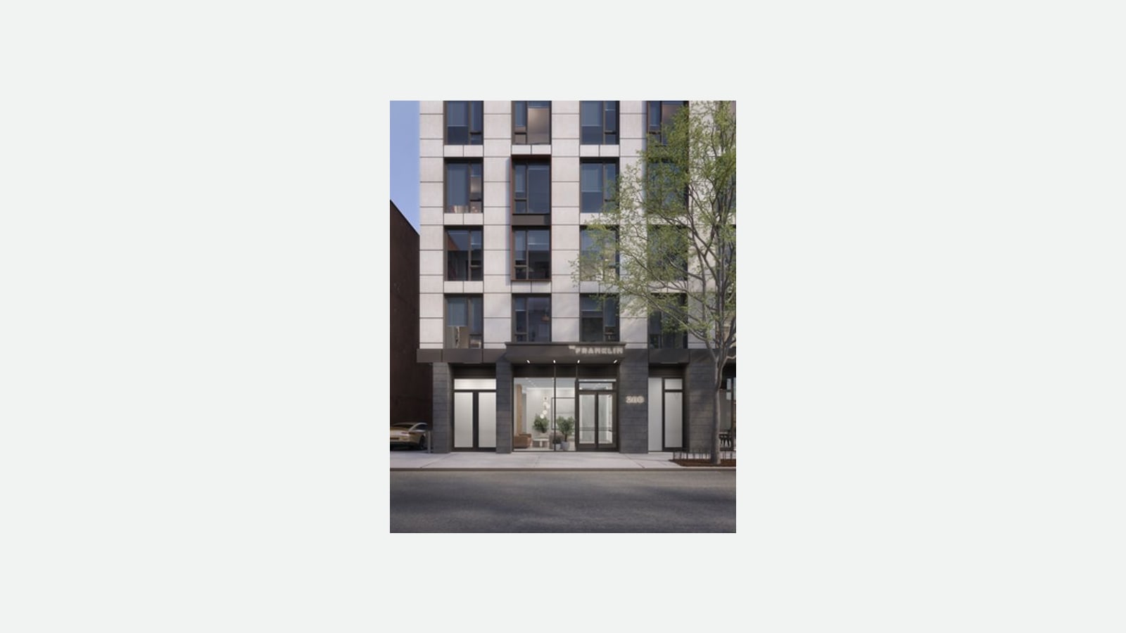 Rendering of a building entrance at dusk: a dark stone base with glass doors into a lit lobby with plants, a canopy marked The Franklin, the number 280 beside the door, pale gray panels and windows above, and a tree on the sidewalk at right