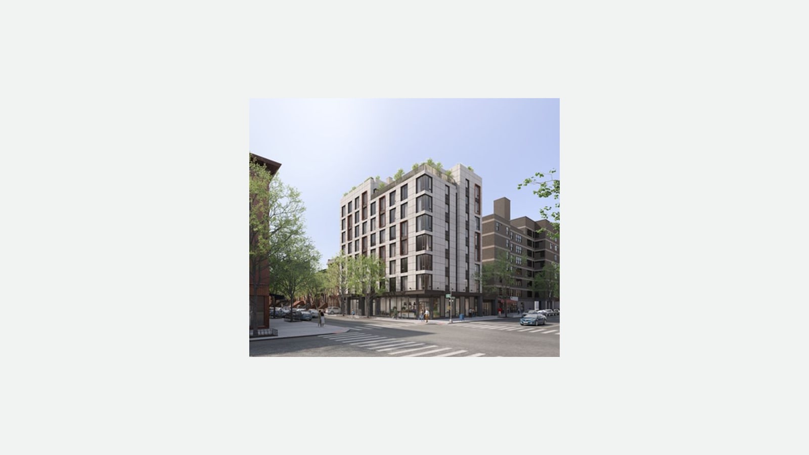 Rendering of an eight-story building clad in pale gray panels with tall dark windows and dark red accents, plantings along the roof edge and glass storefronts on the ground floor, on a street corner with crosswalks, street trees, brownstones at left and a brown brick apartment block at right