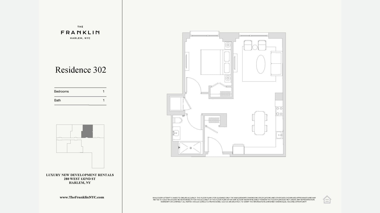 Floor plan titled Residence 302, one bedroom and one bath: a bedroom with a closet, a bathroom with a shower, a stacked washer-dryer closet, and an open living and dining room with a kitchen along one wall; a small key plan at left shows the apartment's place on the floor