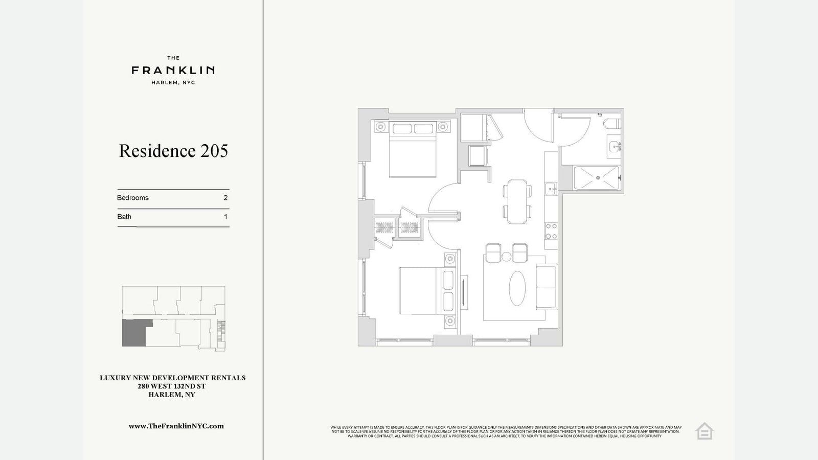 Floor plan titled Residence 205, two bedrooms and one bath: two bedrooms on the left with closets, a bathroom with a shower at top right, a washer-dryer closet, and an open kitchen, dining and living room; a key plan at left shows the apartment at a corner of the floor