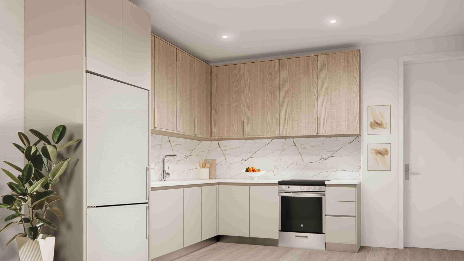Rendering of an L-shaped kitchen with light wood upper cabinets, pale gray lower cabinets, a white marble-look backsplash and counter, a stainless electric range with a black glass top, a tall white refrigerator, a potted rubber plant at left and two small framed prints beside a white door