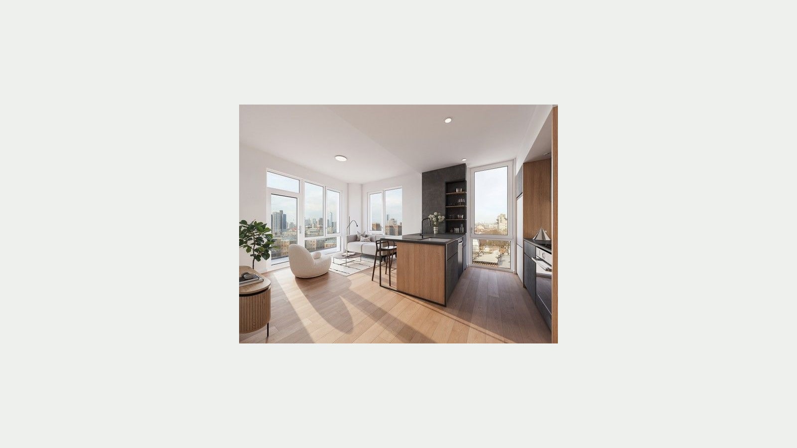 Rendering of an open living and kitchen space with floor-to-ceiling windows on two sides looking over low brick buildings toward a city skyline, a white armchair and sofa, a wood kitchen island with a dark counter and two stools, a dark tiled wall with open shelves and light wood floors