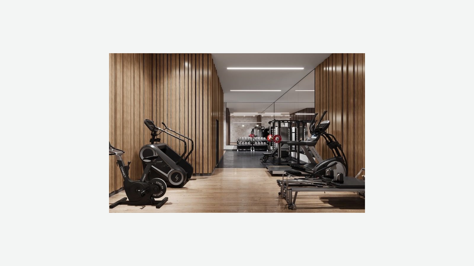 Rendering of a gym with vertical wood slat walls, a stair-climber and an exercise bike in front, an elliptical and a reformer machine at right, and a weight rack, dumbbells and a mirrored wall at the back