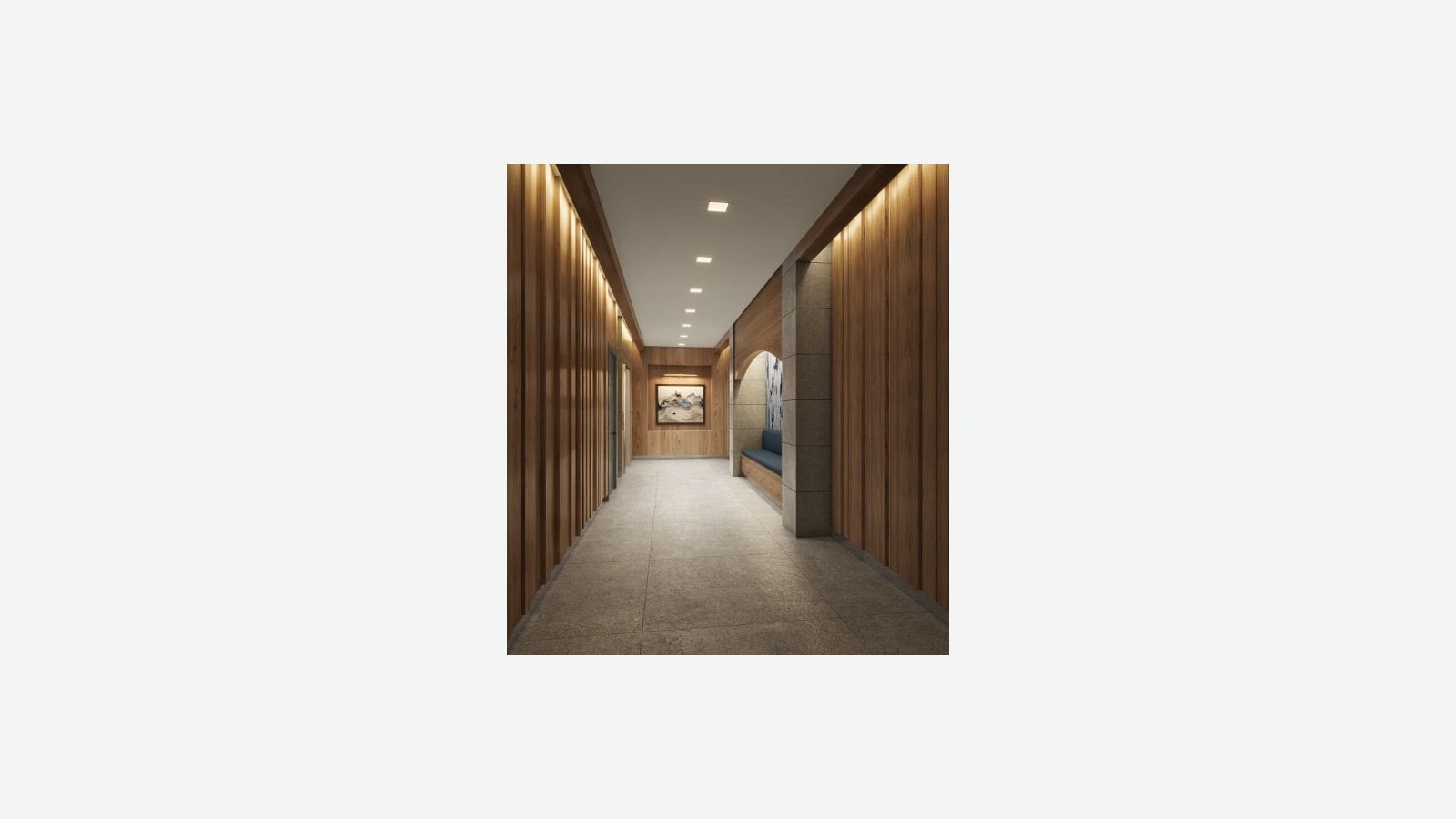 Rendering of a long building corridor with vertical wood slat walls lit from above, a pale stone tile floor, recessed square ceiling lights, a framed landscape picture at the far end and an arched niche with a blue cushioned bench