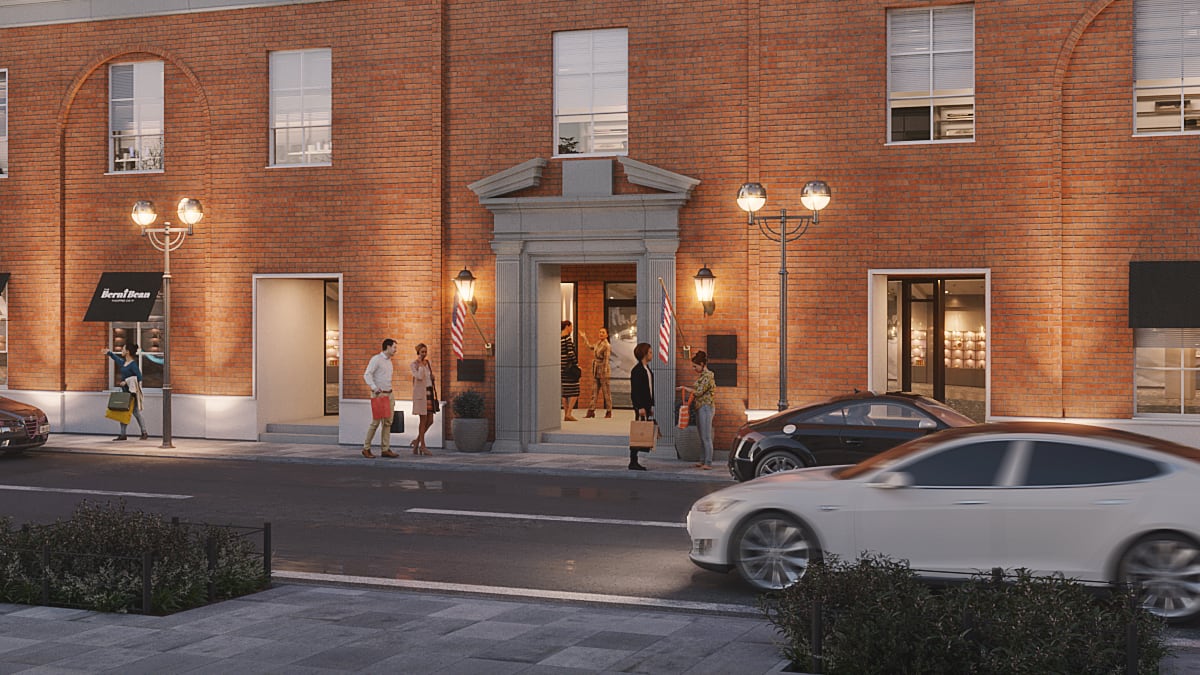 Detail of a rendering showing a stone entrance with lamps on either side, an American flag, people walking in and a car at the curb