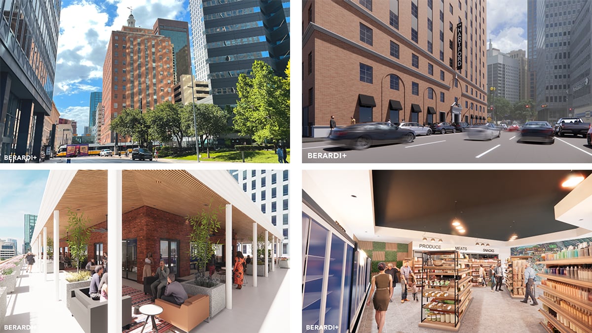 Four renderings in a grid: a tall red brick tower among glass office buildings, a street view of the brick building with a vertical sign reading The Hartford, a covered rooftop deck with seating, and a small grocery store interior