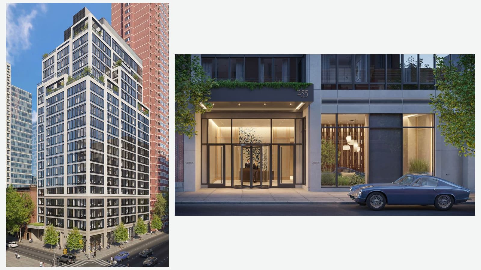 Two renderings side by side: at left a 20-story white-framed tower on a street corner with setbacks near the top, street trees, crosswalks and cars; at right a glass building entrance at dusk under a canopy marked 255, with a revolving door, a lobby with a front desk, a planted window to the right and a dark blue vintage car at the curb
