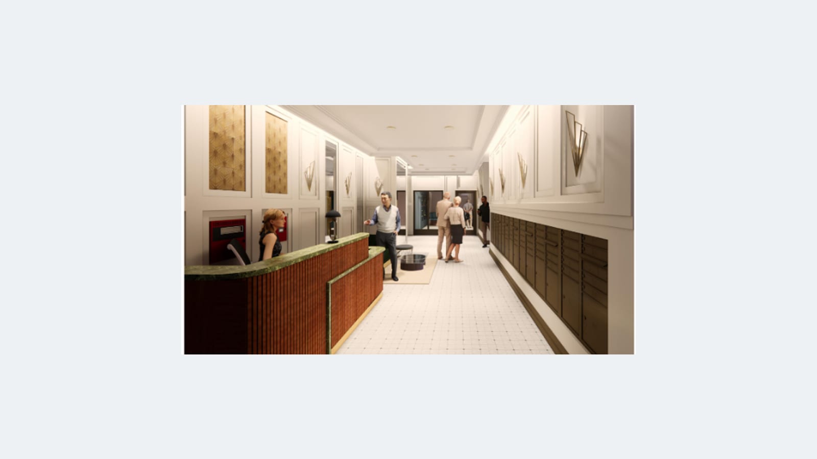 Rendering of a long lobby with cream paneled walls, gold patterned panels and fan-shaped wall lights, a curved wood reception desk with a green top at the left, a wall of brass mailboxes at the right, white tile floor and a few people near glass doors at the far end