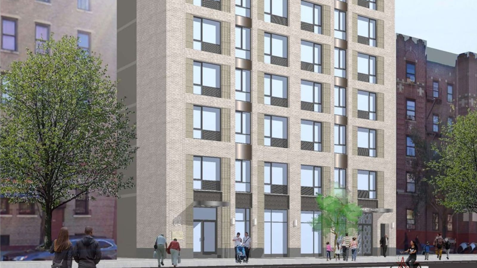 Rendering of the lower floors of a pale tan brick building with tall ground-floor windows, a metal canopy over a glass door at the left beside the numbers 64, and a second canopy at the right over a patterned metal door with partly hidden lettering ending in FACILITY, with people walking, a stroller, children and a cyclist on the sidewalk