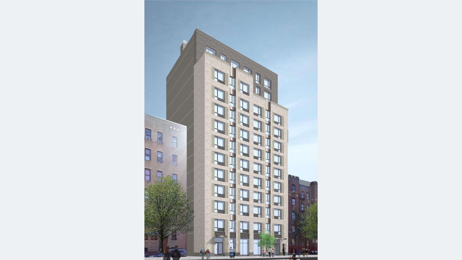 Rendering of a slender 13-story apartment building in pale tan brick with rows of square windows, bronze-colored vertical accents and a darker brick top floor, between a red-brown brick apartment house on the right and a paler one on the left, with street trees and a few people on the sidewalk under a blue sky
