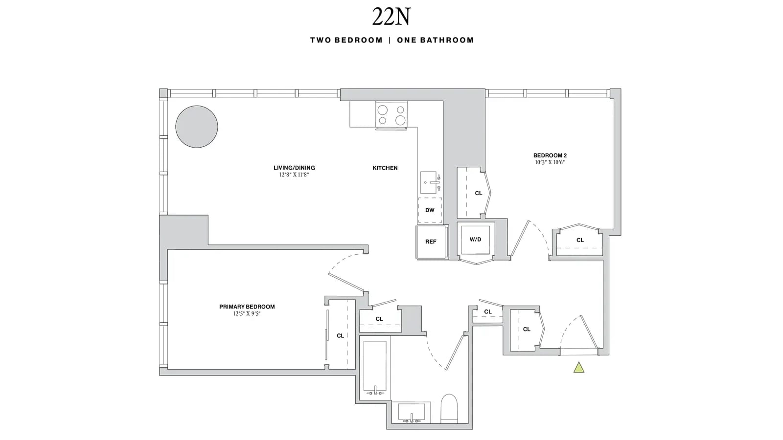 Floor plan headed 22N, Two Bedroom, One Bathroom: a living and dining room marked 12 feet 8 inches by 11 feet 8 inches with a kitchen along one wall, a primary bedroom marked 12 feet 5 inches by 9 feet 5 inches, a second bedroom marked 10 feet 3 inches by 10 feet 6 inches, one bathroom with a tub, a four-burner range, a dishwasher, a refrigerator, a washer and dryer and several closets