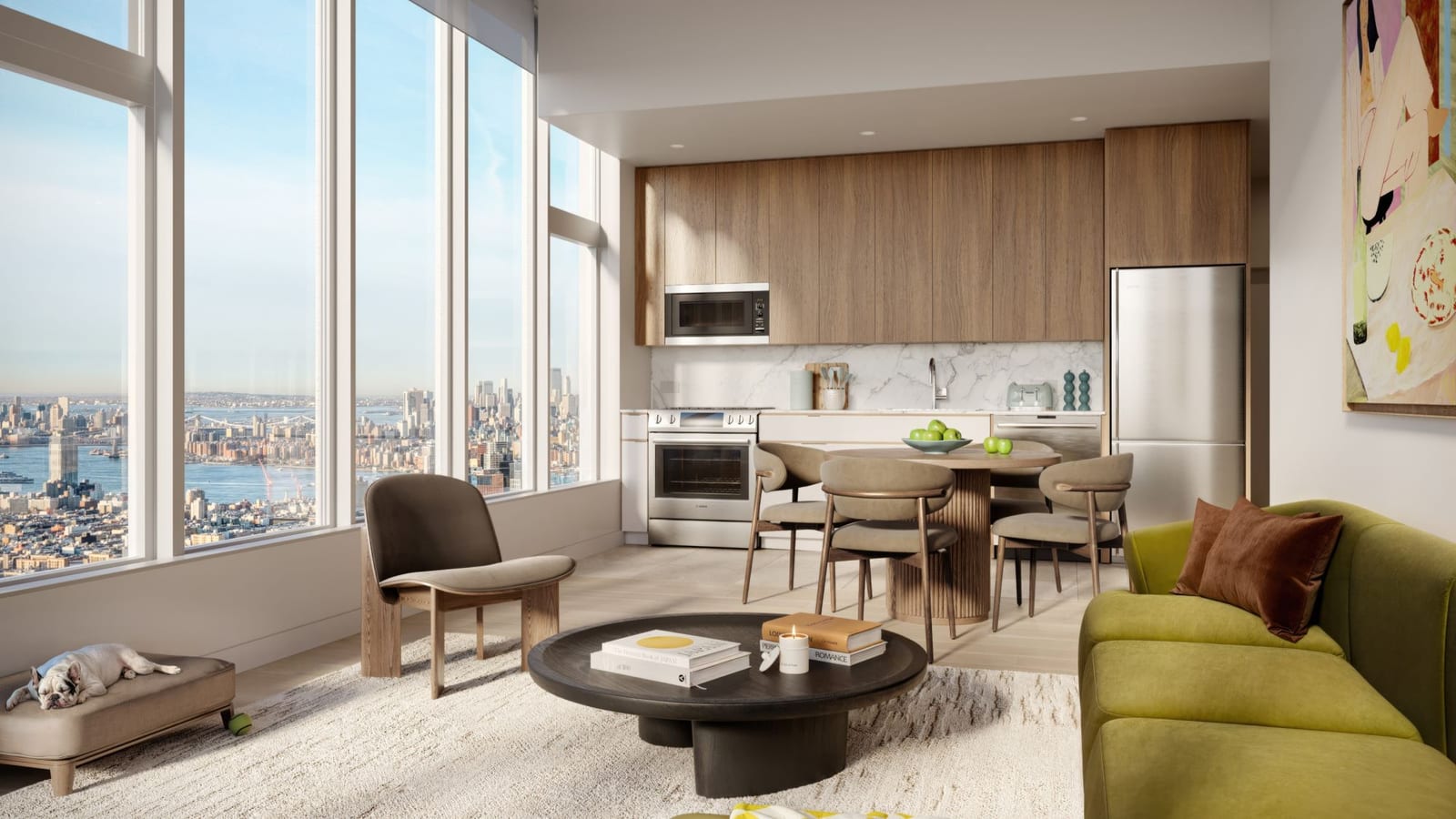 Rendering of a living room with floor-to-ceiling windows on two sides looking over a river and a skyline, a green sofa, a round dark coffee table, a round dining table with four chairs, and a kitchen along the back wall with wood-tone cabinets, a marble-look backsplash, a stainless-steel range with front knobs, a microwave and a refrigerator; a small dog lies on a bench by the window