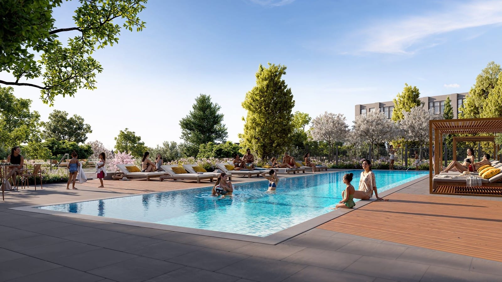 Rendering of an outdoor swimming pool with people in the water and on lounge chairs along a wooden deck, a slatted cabana with cushions at the right, flowering and evergreen trees behind, and a low building in the distance