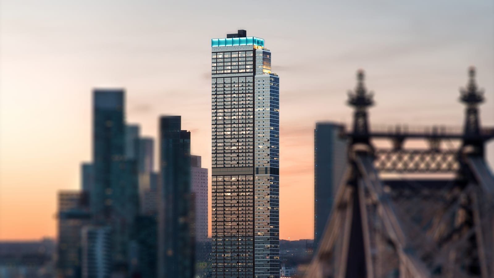 Rendering of a tall, slender glass apartment tower with a band of blue-green light around its crown, seen at sunset between blurred towers at the left and the blurred steel finials of a bridge at the right