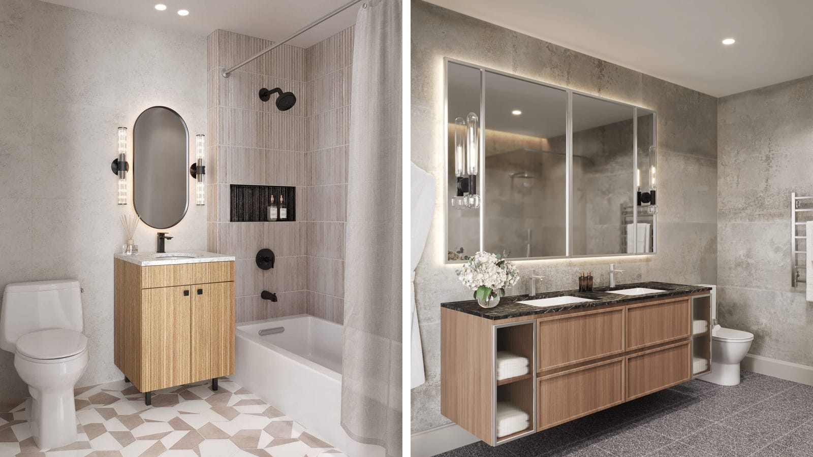 Two renderings side by side of bathrooms: at left a bathroom with a pale wood vanity, an oval mirror between two wall lights, a white toilet, a tub with a shower curtain, pink vertical wall tile and a white and pink patterned floor; at right a larger bathroom with grey stone-look walls, a wide wood vanity with two sinks and a dark stone top, a lit mirror, a towel warmer and a white toilet