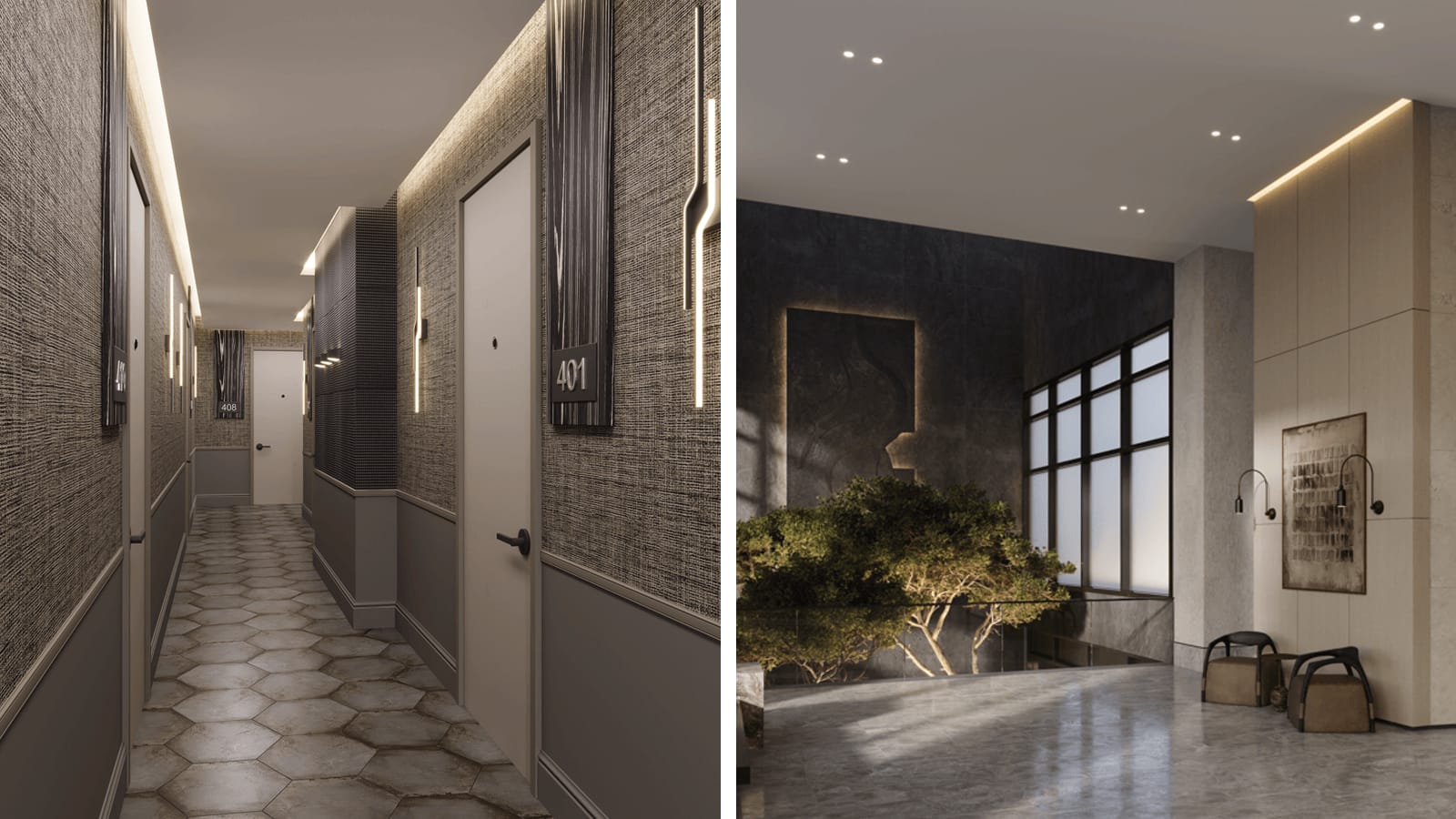 Two renderings side by side: at left a narrow corridor with textured grey wallcovering, slim vertical wall lights, hexagonal floor tiles and apartment doors numbered 401 and 408; at right a double-height lobby with a dark stone wall, an indoor tree beside a glass railing, tall frosted windows, two stools and a framed artwork on a pale stone column