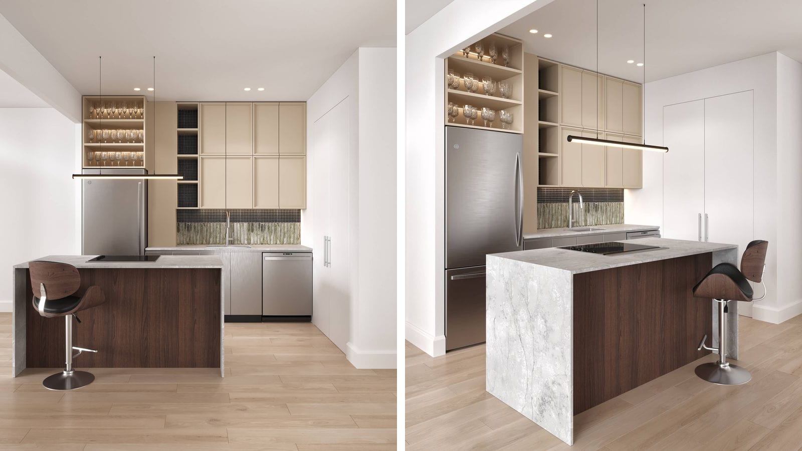 Two renderings side by side of the same kitchen from different angles: pale beige upper cabinets, open shelves of glassware, a stainless-steel refrigerator and dishwasher, a green glass tile backsplash, and an island with a dark wood front, a pale stone waterfall top with a flat black cooktop, a bar stool and wood-look plank floors