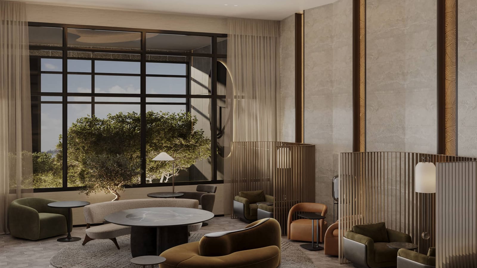 Rendering of a tall lounge with stone-look walls, gold-lit vertical panels, sheer curtains, a large window with a tree outside, round tables, a curved mustard sofa, olive and orange armchairs and slatted screens around seating nooks