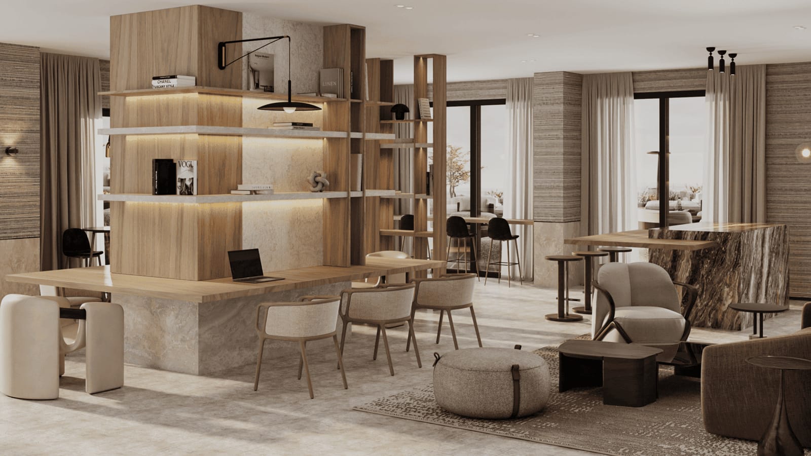 Rendering of a lounge with a wood and stone shelving column holding books, a long wood work counter with chairs and a laptop, high bar tables by tall windows, a marble-fronted bar, armchairs, a round pouf and a patterned rug