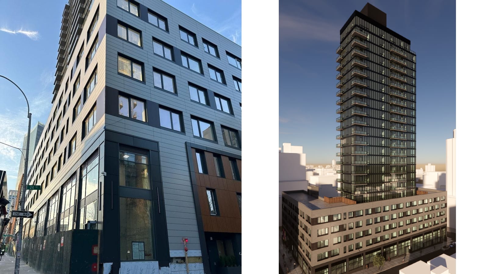 Two images side by side: at left a photograph looking up at the corner of a new building's base, clad in grey panels with dark window frames and a band of wood-tone panels, with a 24 St street sign, a one-way sign and a construction fence along the sidewalk and a tower with balconies rising behind; at right a rendering of a dark glass tower with balconies on every floor rising from a wide pale base with rows of windows and glass shopfronts at street level