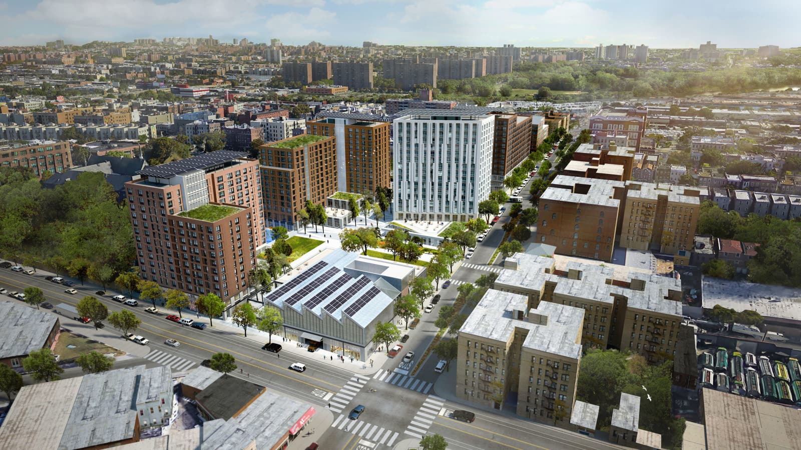 Aerial rendering of a city block with four brick and white apartment buildings of about fourteen to seventeen stories around a courtyard, a low sawtooth-roofed building with solar panels at the corner, and older six-story apartment houses across the street